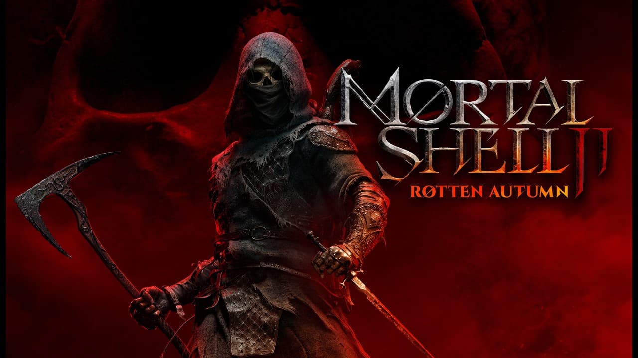A hooded skeletal warrior holds a long curved weapon against a red background beside the Mortal Shell II Rotten Autumn title.