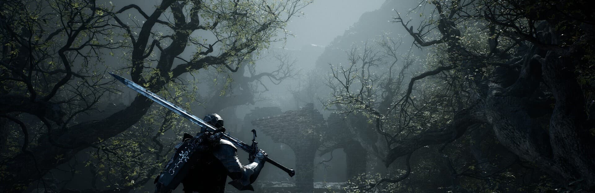 An armored warrior carries a long sword through tangled trees toward a stone archway in a misty forest.