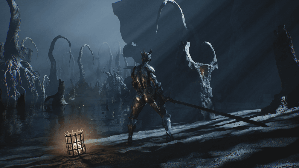 An armored warrior with a long sword stands beside water and curved stone formations in a blue-lit Mortal Shell II cavern.