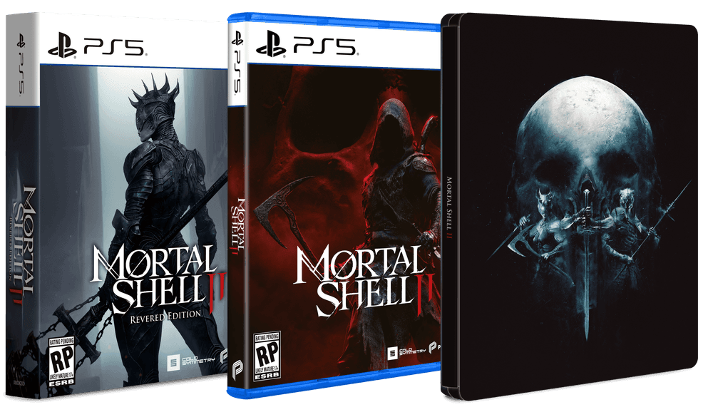 Mortal Shell II Revered Edition packaging shows a PS5 outer box, a blue game case and a dark steelbook with skull artwork.