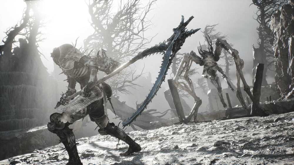 An armored warrior grips a large curved weapon while confronting a long-limbed creature among bare trees and stone pillars.