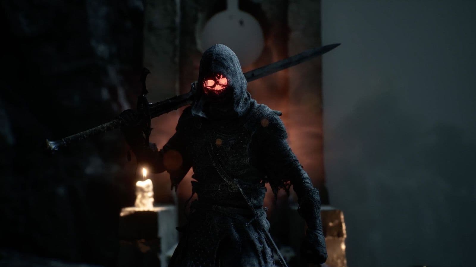 Tiel wears a dark hood and armor, with an orange glow inside his skeletal face and a long weapon resting on his shoulder.