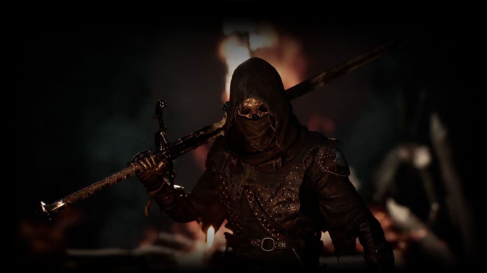 Official promotional artwork of Tiel, a hooded skeletal warrior carrying a long weapon over one shoulder.